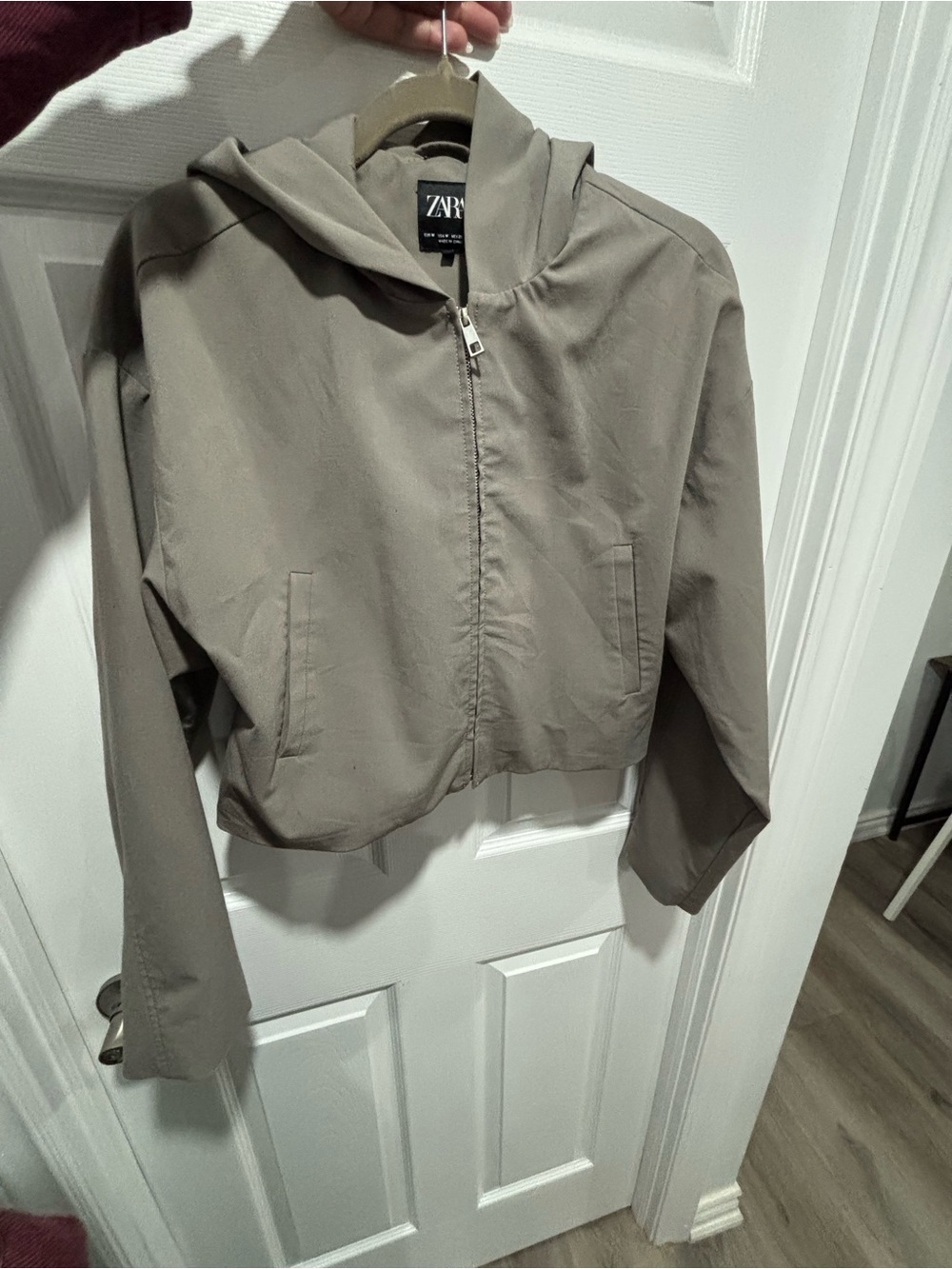ZARA Women’s Hooded Zip Raincoat in Taupe